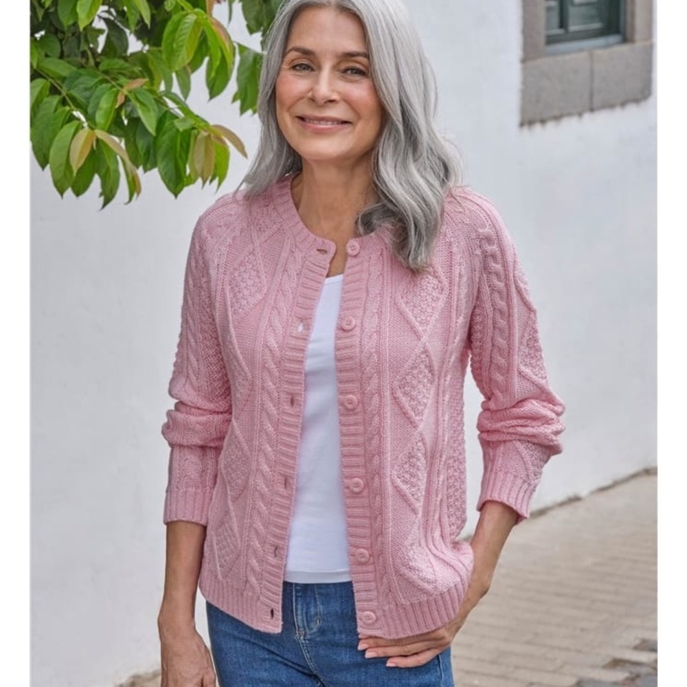 Pink Cable Knit Button-Front Cardigan Sweater